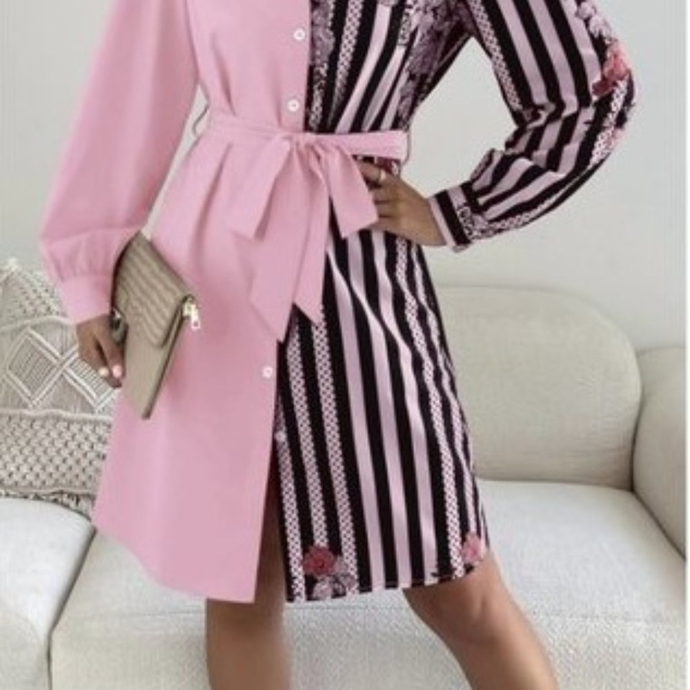Pink & Black Floral Dress Shirt - Gorgeous, Belted, Medium  Box Car1 - Picture 5 of 7